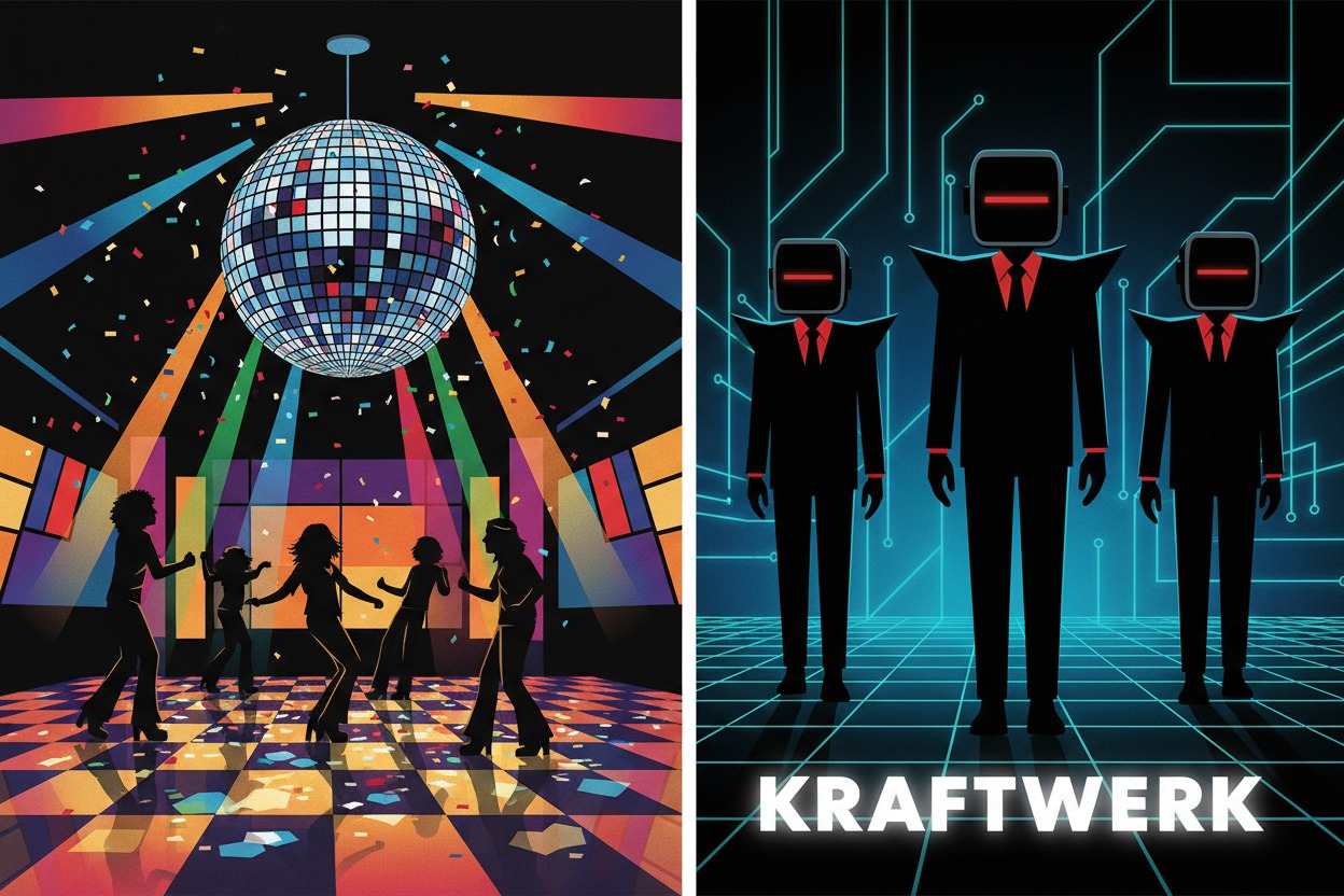 Kraftwerk influence and disco era — electronic music enters pop culture 1970s`