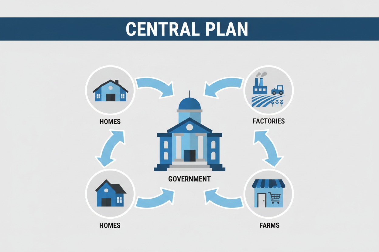 Diagram showing how a command economy directs production from a central government plan