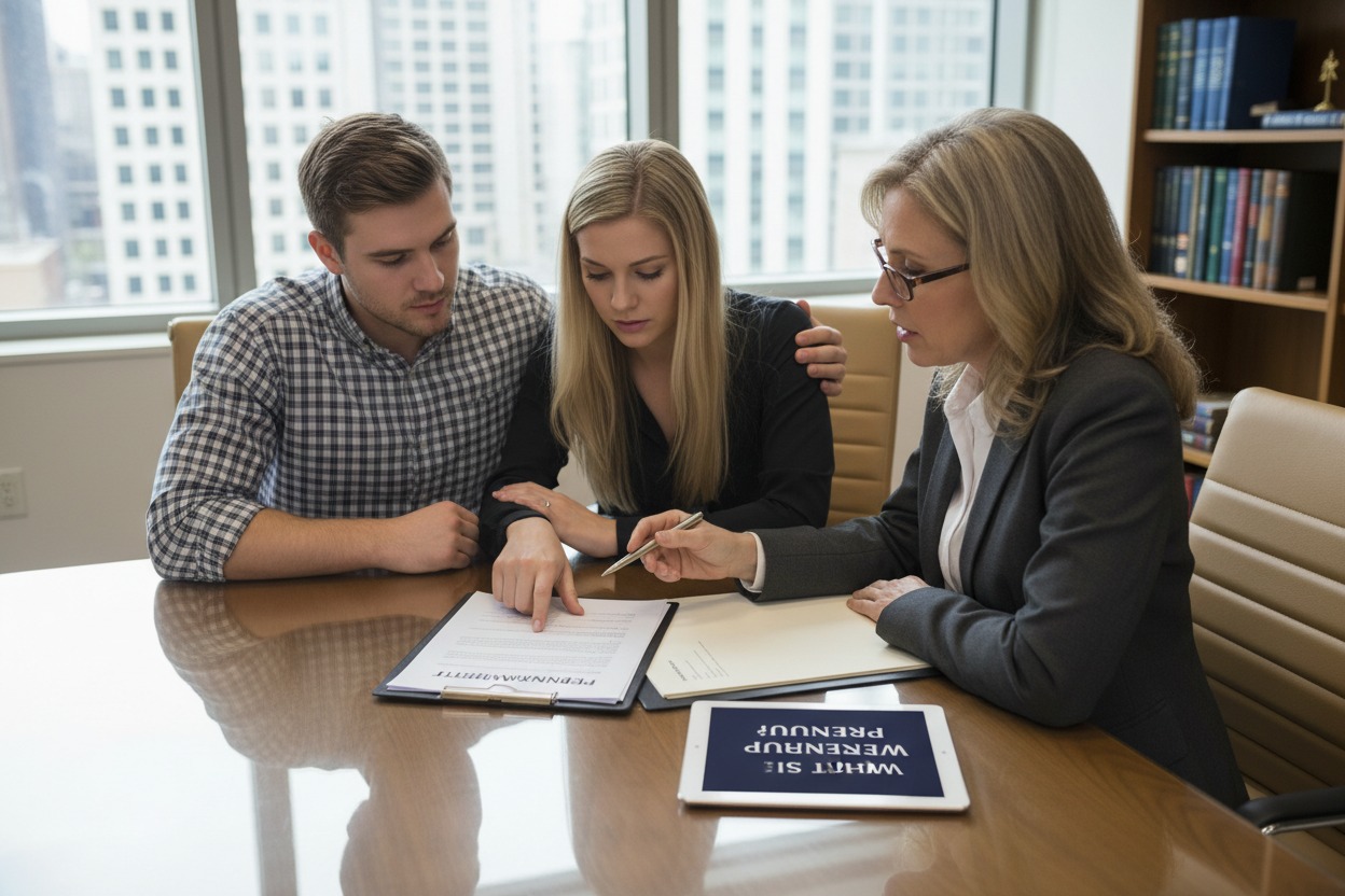 what is a prenup — couple reviewing prenuptial agreement with attorney