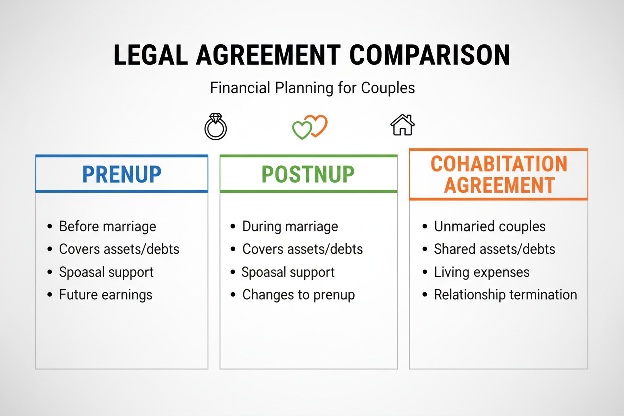  prenup vs postnup vs cohabitation agreement comparison chart