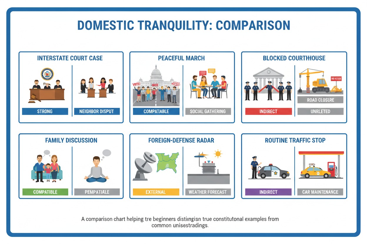 Create a six-scenario comparison infographic with paired scenes: interstate court case, peaceful march, blocked courthouse, family discussion, foreign-defense radar, and routine traffic stop. Mark each as strong, compatible, unrelated, external, or indirect in relation to domestic tranquility. Use concise labels, realistic vector-style scenes, and a classroom-friendly layout.
Image description: A comparison chart helping beginners distinguish true constitutional examples from common misunderstandings.